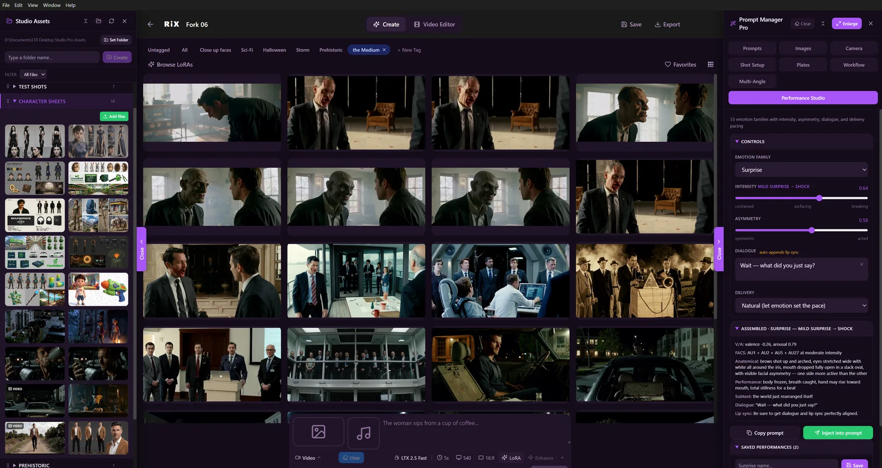 RiX Desktop Studio Pro — a gallery of cinematic AI-generated shots beside the Prompt Manager Pro / Performance Studio panel